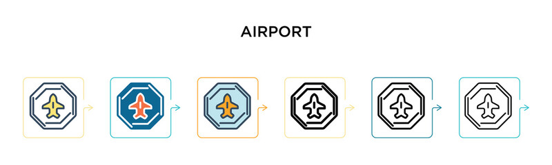 Wall Mural - Airport sign vector icon in 6 different modern styles. Black, two colored airport sign icons designed in filled, outline, line and stroke style. Vector illustration can be used for web, mobile, ui