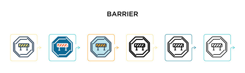 Barrier sign vector icon in 6 different modern styles. Black, two colored barrier sign icons designed in filled, outline, line and stroke style. Vector illustration can be used for web, mobile, ui