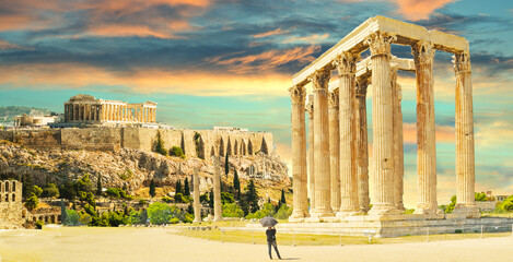 Fototapete - parthenon and columns and ruins of temple of Olympian Zeus Athens Greece
