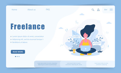 Wall Mural - Woman freelance. Girl with laptop sitting on lawn in park. Landing page template. Concept illustration for working outdoors, studying, communication, healthy lifestyle.