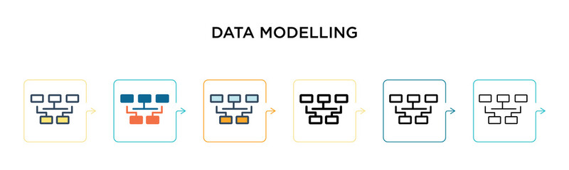 Data modelling vector icon in 6 different modern styles. Black, two colored data modelling icons designed in filled, outline, line and stroke style. Vector illustration can be used for web, mobile, ui