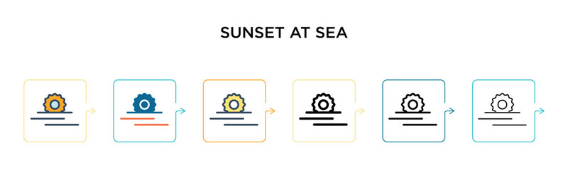 Sunset at sea vector icon in 6 different modern styles. Black, two colored sunset at sea icons designed in filled, outline, line and stroke style. Vector illustration can be used for web, mobile, ui