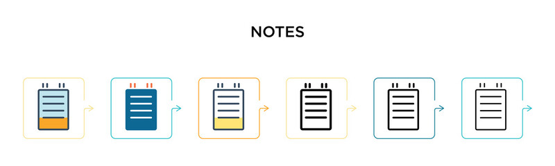 Notes vector icon in 6 different modern styles. Black, two colored notes icons designed in filled, outline, line and stroke style. Vector illustration can be used for web, mobile, ui