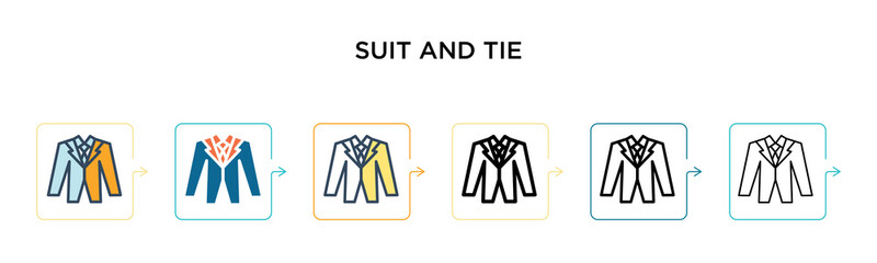 Suit and tie vector icon in 6 different modern styles. Black, two colored suit and tie icons designed in filled, outline, line and stroke style. Vector illustration can be used for web, mobile, ui