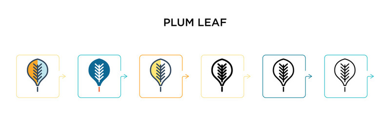 Plum leaf vector icon in 6 different modern styles. Black, two colored plum leaf icons designed in filled, outline, line and stroke style. Vector illustration can be used for web, mobile, ui