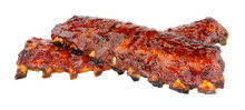 Slow Cooked Peking Style Racks Of Pork Ribs With A Sticky Plum Sauce Covering Isolated On A White Background