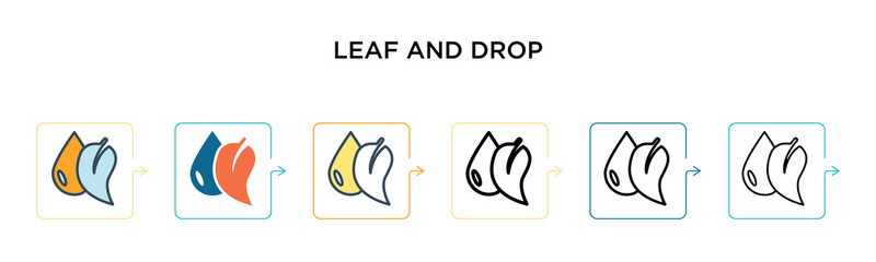 Leaf and drop vector icon in 6 different modern styles. Black, two colored leaf and drop icons designed in filled, outline, line and stroke style. Vector illustration can be used for web, mobile, ui