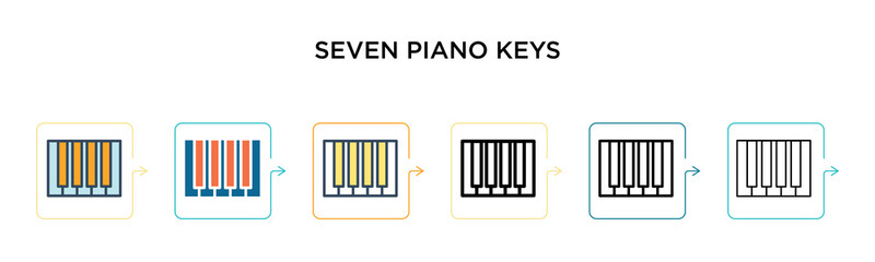 Seven piano keys vector icon in 6 different modern styles. Black, two colored seven piano keys icons designed in filled, outline, line and stroke style. Vector illustration can be used for web,