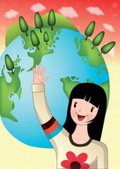 girl waving hands in front of green globe