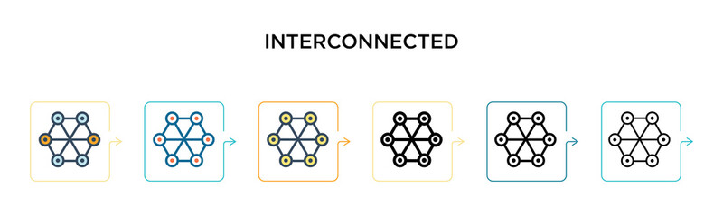 Interconnected vector icon in 6 different modern styles. Black, two colored interconnected icons designed in filled, outline, line and stroke style. Vector illustration can be used for web, mobile, ui