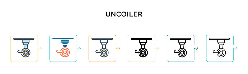 Uncoiler vector icon in 6 different modern styles. Black, two colored uncoiler icons designed in filled, outline, line and stroke style. Vector illustration can be used for web, mobile, ui