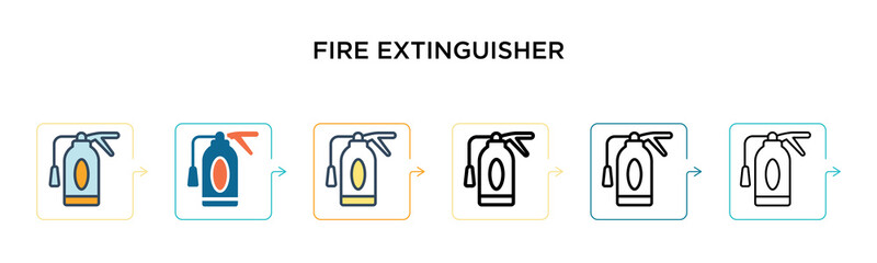 Fire extinguisher vector icon in 6 different modern styles. Black, two colored fire extinguisher icons designed in filled, outline, line and stroke style. Vector illustration can be used for web,