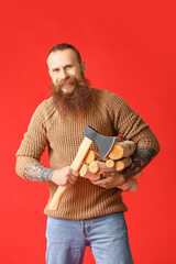 Canvas Print - Handsome lumberjack on color background