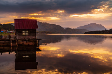 Wall Mural - Lake wharf with a wooden pier at dawn. Teletskoye Lake, Artybash Village, Altai Republic, Russia