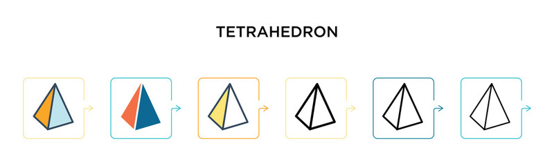 Tetrahedron vector icon in 6 different modern styles. Black, two colored tetrahedron icons designed in filled, outline, line and stroke style. Vector illustration can be used for web, mobile, ui