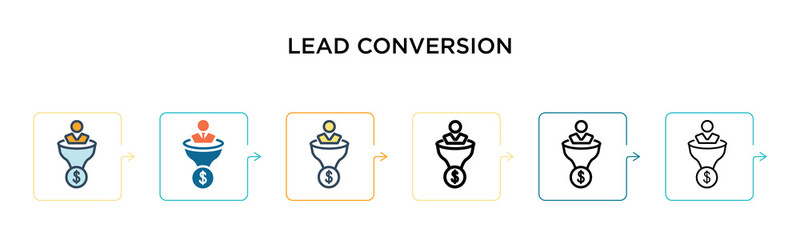 Lead conversion vector icon in 6 different modern styles. Black, two colored lead conversion icons designed in filled, outline, line and stroke style. Vector illustration can be used for web, mobile,