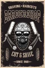 Barbershop poster template. Bearded mexican sugar skull and barber blades. Design element for poster, card, banner, t shirt, logo, emblem. Vector illustration