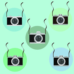 Cameras vector flat style, Retro camera in a flat style on a colored background. Old camera with strap.