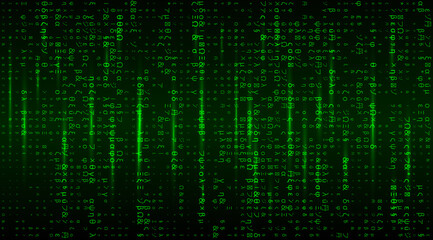 Vector Matrix background with the green symbols. Stream of futuristic code symbols on screen. Coding or Hacker concept.