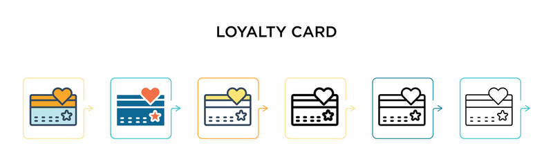 Loyalty card vector icon in 6 different modern styles. Black, two colored loyalty card icons designed in filled, outline, line and stroke style. Vector illustration can be used for web, mobile, ui