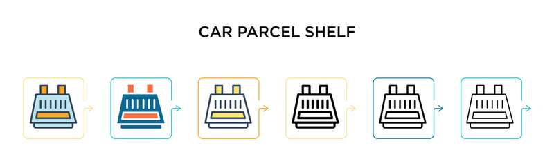 Car parcel shelf vector icon in 6 different modern styles. Black, two colored car parcel shelf icons designed in filled, outline, line and stroke style. Vector illustration can be used for web,