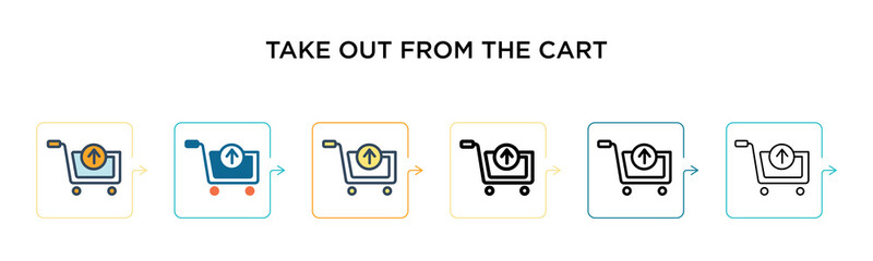 Take out from the cart vector icon in 6 different modern styles. Black, two colored take out from the cart icons designed in filled, outline, line and stroke style. Vector illustration can be used for