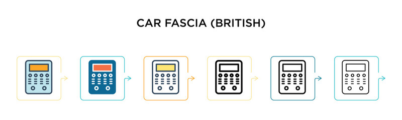 Car fascia (british) vector icon in 6 different modern styles. Black, two colored car fascia (british) icons designed in filled, outline, line and stroke style. Vector illustration can be used for