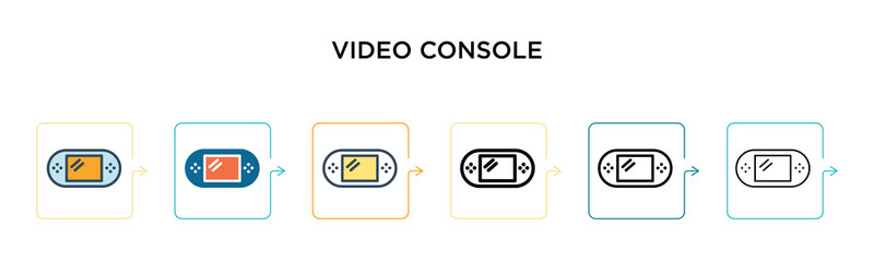 Video console vector icon in 6 different modern styles. Black, two colored video console icons designed in filled, outline, line and stroke style. Vector illustration can be used for web, mobile, ui