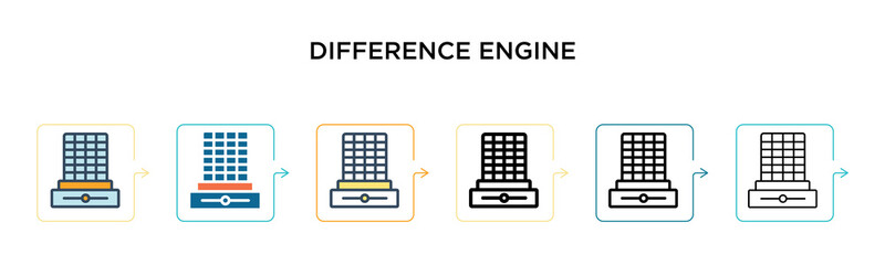 Wall Mural - Difference engine vector icon in 6 different modern styles. Black, two colored difference engine icons designed in filled, outline, line and stroke style. Vector illustration can be used for web,