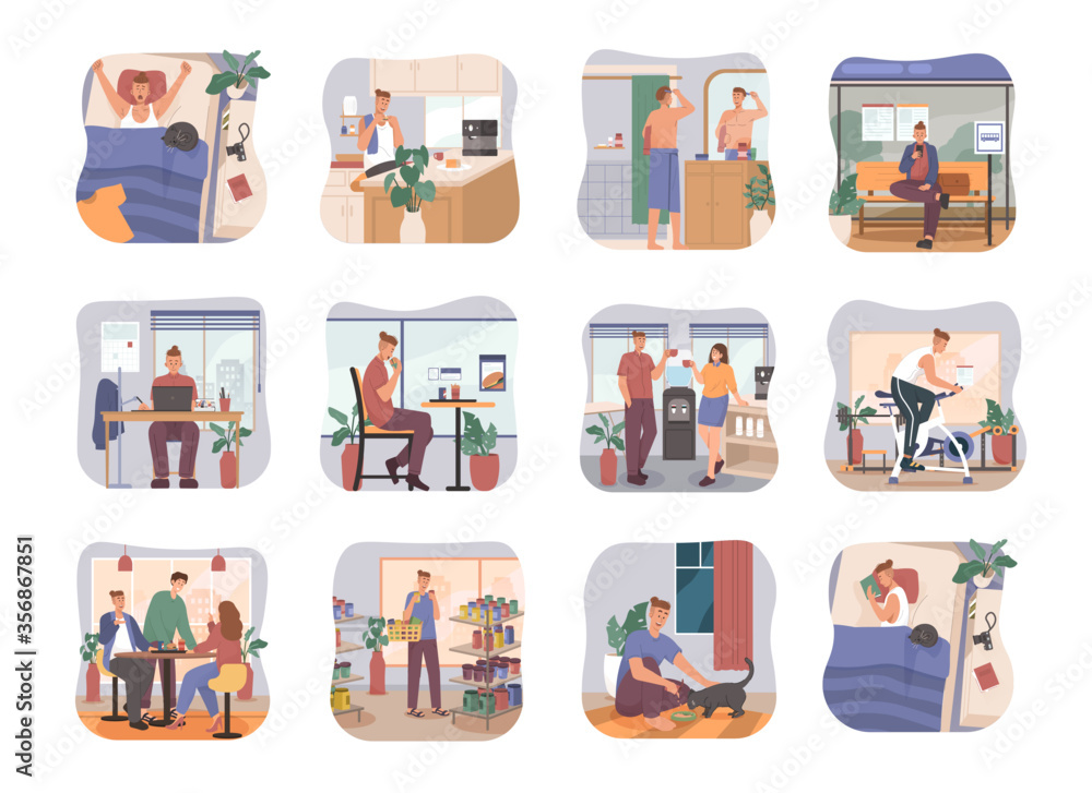 Young Ppl Daily Routine Daily life of a young man. Set of daily routine scenes. Waking up in ...
