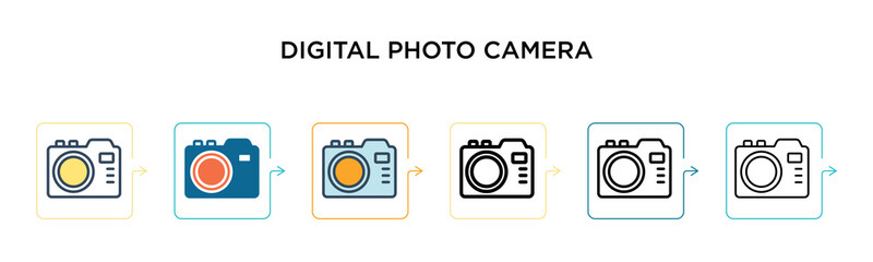 Digital photo camera vector icon in 6 different modern styles. Black, two colored digital photo camera icons designed in filled, outline, line and stroke style. Vector illustration can be used for