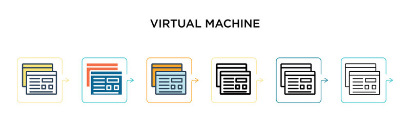 Virtual machine vector icon in 6 different modern styles. Black, two colored virtual machine icons designed in filled, outline, line and stroke style. Vector illustration can be used for web, mobile,