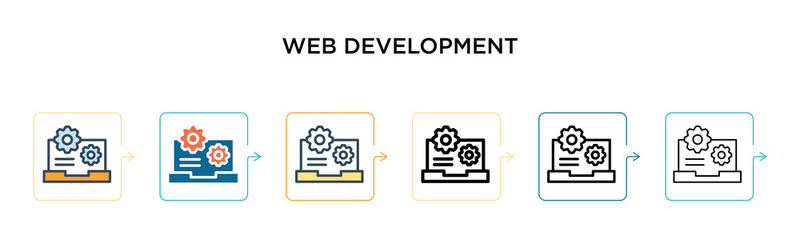 Web development vector icon in 6 different modern styles. Black, two colored web development icons designed in filled, outline, line and stroke style. Vector illustration can be used for web, mobile,