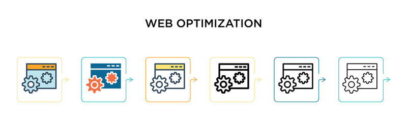 Web optimization vector icon in 6 different modern styles. Black, two colored web optimization icons designed in filled, outline, line and stroke style. Vector illustration can be used for web,