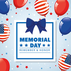 memorial day, honoring all who served, remember and honor , with balloons helium decoration vector illustration design