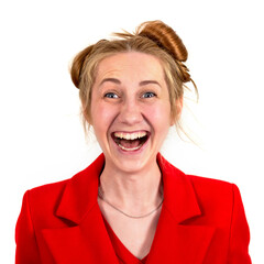 Funny, happy, laughing young girl student, with an interesting hairstyle, openly laughing and looking at the camera, dressed in a red coat. Isolated on a white background. The concept of happy human e