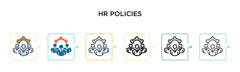 Hr policies vector icon in 6 different modern styles. Black, two colored hr policies icons designed in filled, outline, line and stroke style. Vector illustration can be used for web, mobile, ui