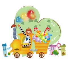 Canvas Print - boy riding train with candies