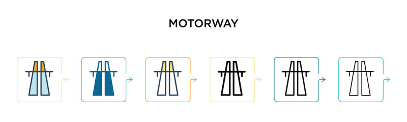 Motorway vector icon in 6 different modern styles. Black, two colored motorway icons designed in filled, outline, line and stroke style. Vector illustration can be used for web, mobile, ui