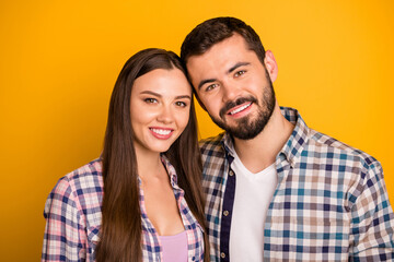 Canvas Print - Close up photo of positive spouses sweethearts enjoy spend summer rest relax together wear plaid clothes isolated over bright color background