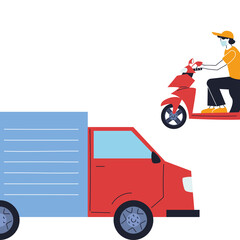 Sticker - courier with mask and transport vehicle for delivery