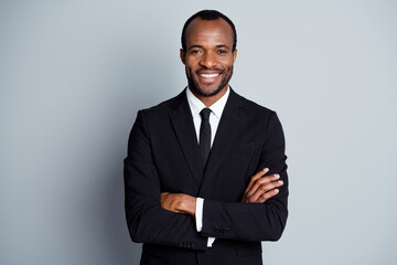 Portrait of true leadership entrepreneur wealthy afro american company owner man cross hands ready decide work solution wear blazer isolated over gray color background