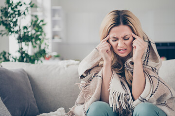 Sticker - Photo of beautiful suffering house wife lady stay home quarantine covered checkered blanket hold temples fingers coronavirus infection flu cold sitting sofa living room indoors