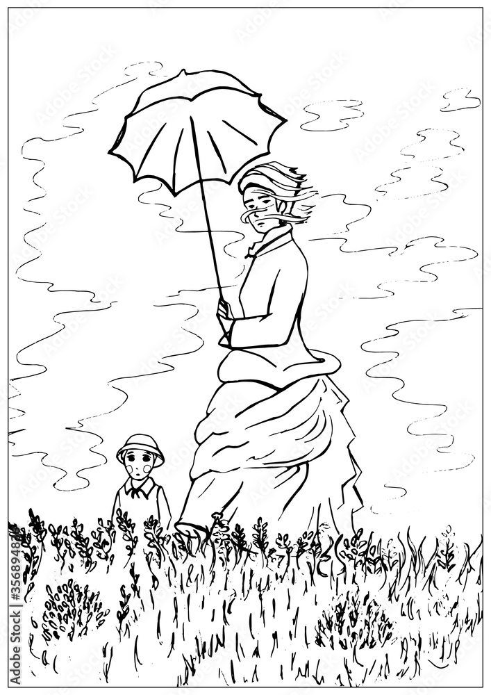 Coloring page with "Woman with a Parasol" based on Claude Monet's