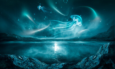 Wall Mural - Night fantasy natural landscape with mountains and ocean. Night sky, stars and silhouettes of neon jellyfish. Dark futuristic landscape in blue neon light.