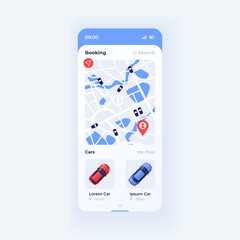 Book car smartphone interface vector template. Mobile app page white design layout. Carsharing screen. Taxi route. Flat UI for application. Transport for passenger rent. Phone display