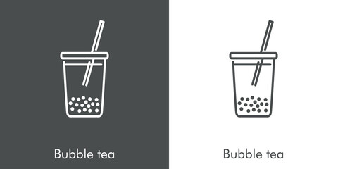 Sticker - Té con tapioca en vaso de plástico. Icono plano lineal con texto Bubble tea en fondo gris y fondo blanco