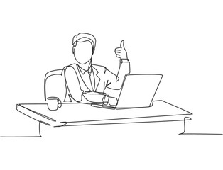 Wall Mural - Single line drawing of young businessman sitting on chair in front of laptop and giving thumbs up gesture. Success business manager concept. Continuous line draw design vector graphic illustration