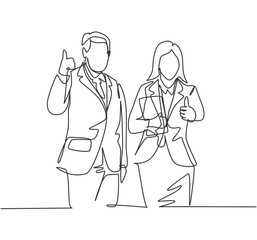 Wall Mural - single line drawing of young happy couple businessman and businesswoman giving thumbs up gesture. bu