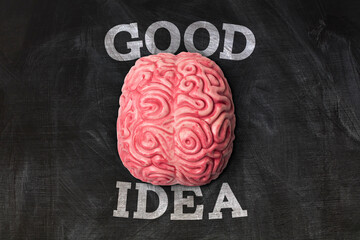 Wall Mural - human brain with good idea message on a blackboard